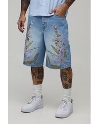 BoohooMAN - Baggy Rigid Floral Embroidered Denim Shorts - Lyst
