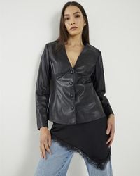 River Island - Top Faux Leather Fitted V-Neck - Lyst