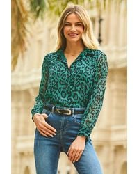 Sosandar - Animal Print Sheer Sleeve Shirt - Lyst
