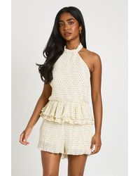 Boohoo - Polka Dot Plisse Halterneck Playsuit - Lyst