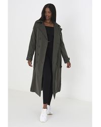 Brave Soul - Khaki Double-breasted Longline Trench Coat With Detachable Hood - Lyst