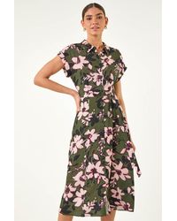 Roman - Floral Print Belted Midi Dress - Lyst