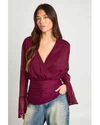 Boohoo - Chiffon Flute Sleeve Wrap Blouse - Lyst