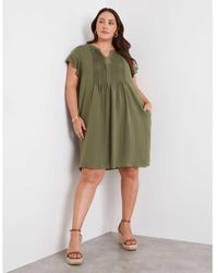 BeMe - Plus Size - Midi Dress - Green - Summer Casual A Line Fashion - Short Sleeve - Solid - Pintuck Notch Neck - Clothing - Lyst