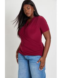 Boohoo - Plus Double Layer Slinky Super Cowl Neck Short Sleeve Ruched Top - Lyst