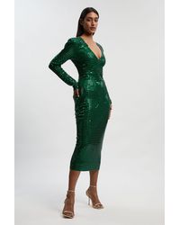 Karen Millen - Premium Crystal Embellished Long Sleeve Plunge Neck Midi Dress - Lyst