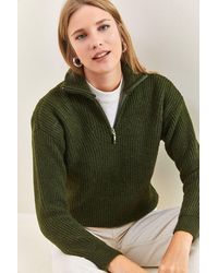Bianco Lucci - Oversized Textured Knit Sweater With Zipper Collar - Lyst