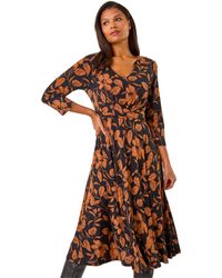 Roman - Leaf Print Wrap Midi Dress - Lyst