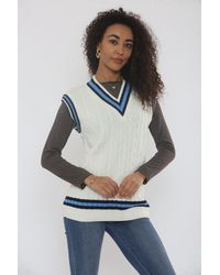 Femme Luxe - Cable Knit V Neck With Stripe Jumper - Lyst