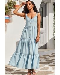 Sosandar - Light Wash Button Front Tiered Hem Denim Dress - Lyst