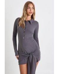 Boohoo - Ultra Soft Touch Ruched Button Down Wrap Shirt Dress - Lyst