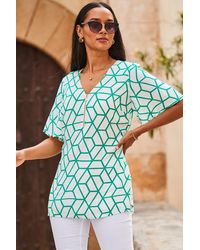 Sosandar - Ivory & Geometric Print Zip Front Tunic Top Viscose - Lyst