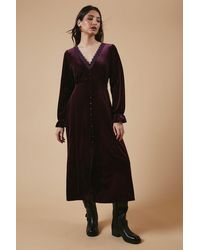 Oasis - Velvet Lace Trim Button Through Midi Dress - Lyst