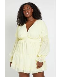 Boohoo - Plus V Neck Blouson Sleeve Volume Smock Dress - Lyst