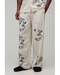 BoohooMAN - Baggy Fit Linen Blend Small Floral Embroidery Trousers - Lyst
