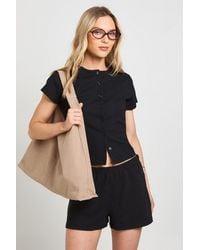 Boohoo - Petite Rib Short Sleeve Button Through Top And Set - Lyst