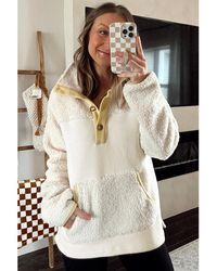 Azura Exchange - Fleece Colorblock Trim Buttons Collar Sweatshirt With Pocket - Lyst
