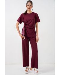 Bigdart - Crew Neck Tie Detail Ribbed Co-Ord Set With Wide Leg Trousers - Lyst