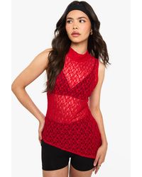 Boohoo - Lace Grown On Neck Asym Hem Top - Lyst