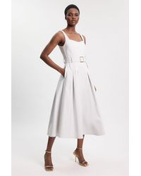 Karen Millen - Premium Cotton Tailored Fabric Belted Buckle Midi Dress - Lyst
