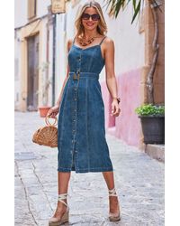 Sosandar - Dark Button Front Buckle Detail Denim Midi Dress - Lyst