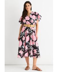 Gini London - Floral Print Angel Sleeves Belted Wrap Midi Dress - Lyst