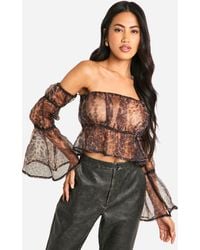 Boohoo - Organza Print Bardot Crop Smock Top - Lyst