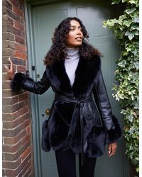 Blue Vanilla - Panel Faux Fur Pu Belted Coat - Lyst