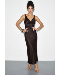 Bianco Lucci - Sleeveless Satin Maxi Slip Dress With Cowl Neck And Accessory Detail - Lyst
