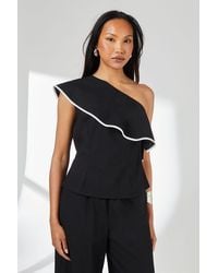 PRINCIPLES - Contrast Detail One Shoulder Frill Linen Top - Lyst