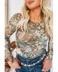Azura Exchange - Floral Print Mesh Fitted Long Sleeve Top - Lyst