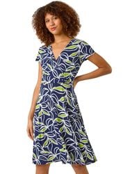 Roman - Leaf Print Wrap Bodice Dress - Lyst