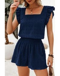 Azura Exchange - Schmutzig Blauer Texturierter Top Mit Quadrat-Ausschnitt Und Raffinierte Hochbund-Shorts-Set - Lyst