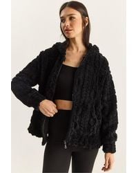 Bianco Lucci - Hooded Textured Knitted Cardigan With Zipper - Lyst