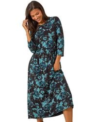 Roman - Floral Print Gathered Stretch Midi Dress - Lyst