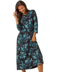 Roman - Floral Print Gathered Stretch Midi Dress - Lyst