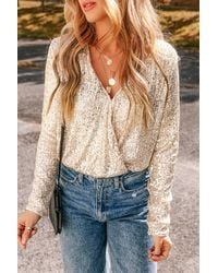 Azura Exchange - Pailletten V-hals Lange Mouwen Blouse - Lyst