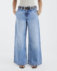 River Island - Wide Leg Jeans Petite Belted Baggy Cotton - Lyst