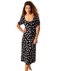 Roman - Ruched Neck Spot Print Midi Dress - Lyst