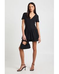 Boohoo - Bengaline V Neck Gathered Skirt Mini Dress - Lyst