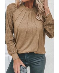 Azura Exchange - Licht Franse Beige Contrast Kant Raglan Mouw Plicate Ronde Hals Top - Lyst