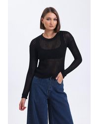 Hiccup - Striped Round Neck Mesh Ribbed Blouse - Lyst