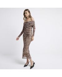 River Island - Bardot Midi Dress Leopard Print Mesh - Lyst