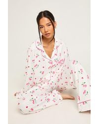 Boohoo - Petite Cherry Print Long Sleeve Shirt & Trouser 3 Piece Pyjama Set - Lyst