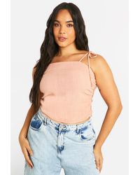 Boohoo - Plus Linen Look Ruched Tie Shoulder Top - Lyst