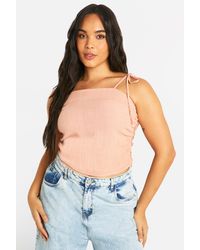 Boohoo - Plus Linen Look Ruched Tie Shoulder Top - Lyst