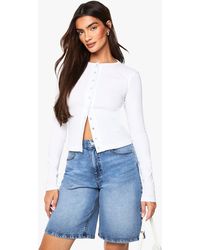 Boohoo - Rib Popper Front Long Sleeve Top - Lyst