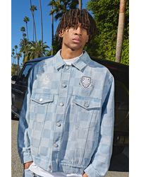 BoohooMAN - Regular Fit Checkerboard Jacquard Embroidered Denim Jacket - Lyst