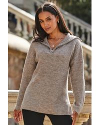 Sosandar - Natural Rib Knit Half Zip Longline Jumper - Lyst