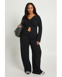 Boohoo - Plus Soft Rib Ruched Detail Button Through Top & Wide Leg Trouser Co-Ord - Lyst